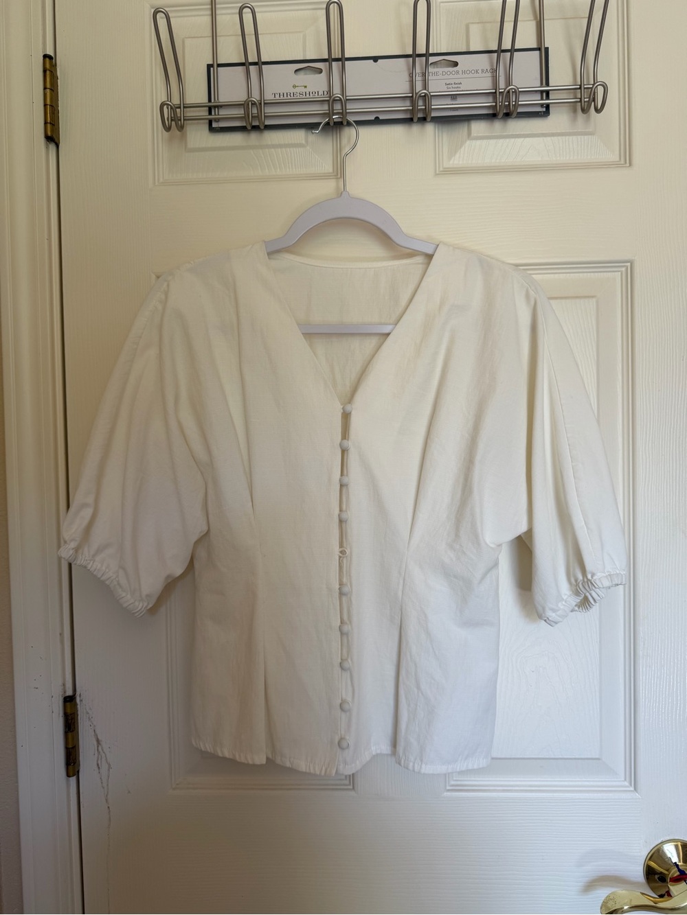 Classic Cream Button-Front Puff Sleeve Top